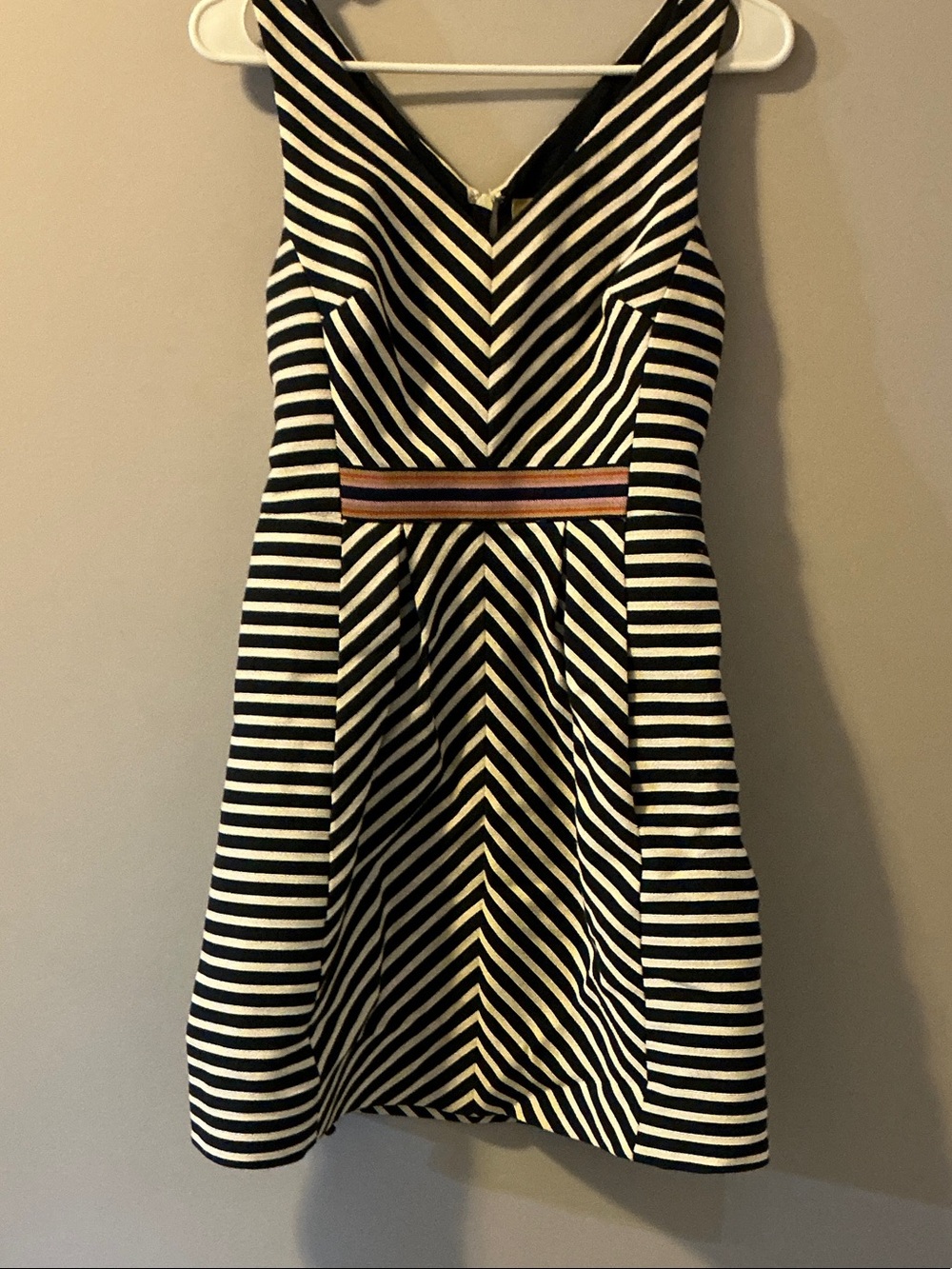 Maeve Black and White Striped V‑Neck Fit & Flare Dress with Contrast Waistband